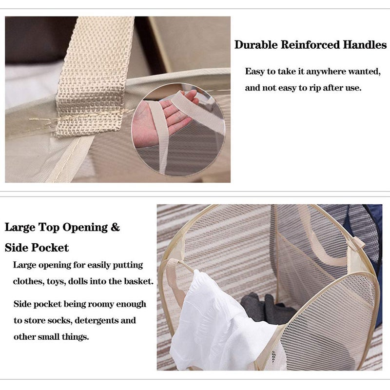 Buenod Mesh Popup Laundry Hamper, Foldable Laundry Basket Clothes Hamper for Home, Apartment, College Dorm or Travel, Collapsible for Storage, Beige - Image 3